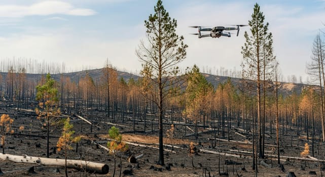 Drone hovering over a vast burnt forest landscape, capturing detailed images of the charred terrain. the scene highlights the aftermath of a wildfire, emphasizing the barren trees and ash-covered ground. this setting technological role in environmental monitoring and recovery planning.