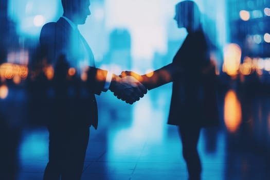 Silhouetted professionals engaging in a handshake create a dynamic atmosphere, showcasing collaboration and trust amid an urban backdrop illuminated by vibrant city lights.