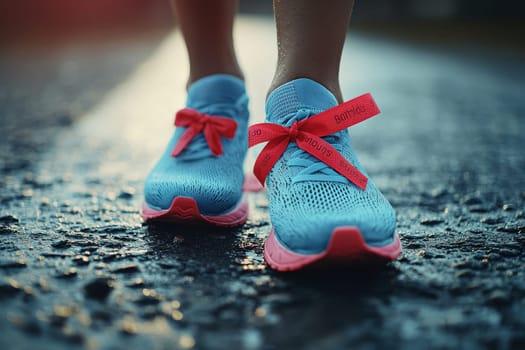 A close-up of stylish blue running shoes with bright red laces on a wet asphalt surface, embodying motivation and energy for an active, healthy lifestyle. Ideal for fitness-related visuals.