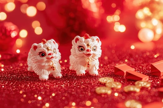 Adorable lion figurines symbolize joy and prosperity, set against a radiant red backdrop with sparkling glitter, perfect for festive celebrations and cultural traditions.