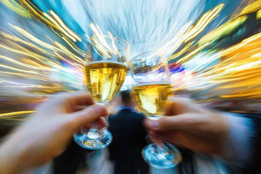 Two glasses of champagne clink together in a vibrant, blurred environment filled with colorful lights, capturing the essence of celebration and joyful moments.