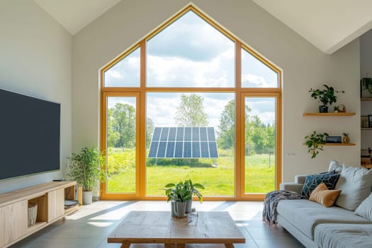 A stylish living room designed with large windows displaying solar panels outside. This eco-friendly space is filled with natural light and greenery, promoting sustainability and comfort.