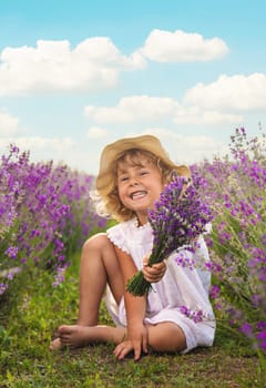 Child girl in lavender field. Selective focus. Kid.