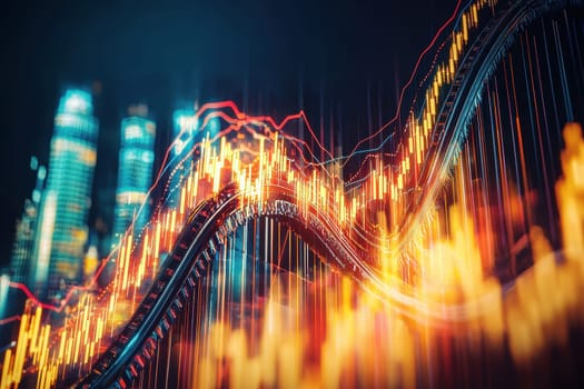 A vibrant abstract representation of financial data trends with glowing graphs set against a night skyline, illustrating the dynamics of the economy and market growth.