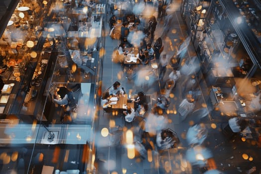 Dynamic aerial view capturing a vibrant urban cafe scene, showcasing the lively interactions of patrons amidst beautiful bokeh lights for an inviting ambiance.