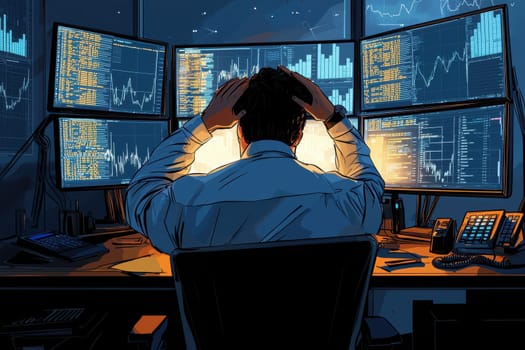 A focused trader sits with hands on head, analyzing complex stock market data displayed on multiple monitors, reflecting the pressures of financial decision-making in a high-tech environment.