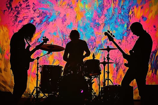An energetic silhouette of three musicians performing on stage, surrounded by a vibrant abstract background, capturing the essence of live music and artistic expression.