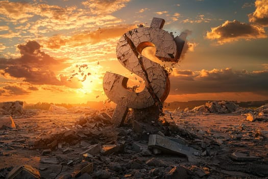 A dramatic image of a cracked dollar sign emerging from the ground, set against a vibrant sunset. This artwork symbolizes financial despair and the impact of economic crises.