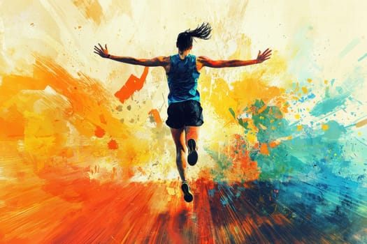 An inspiring representation of a female athlete running against a colorful abstract background, capturing the essence of freedom, energy, and dynamic motion in a vivid artistic style.