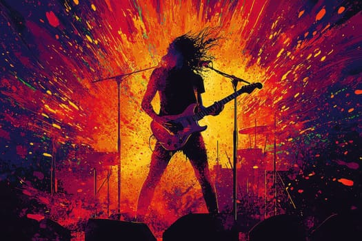 A powerful guitarist performs passionately on stage, surrounded by a vivid display of colors and effects, creating an electrifying atmosphere that captivates the audience.