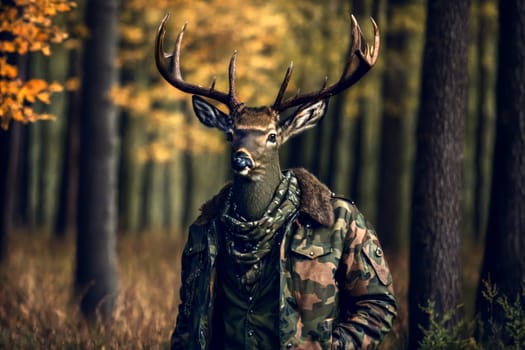 A deer with antlers is wearing a camouflage jacket and a bandana. The image has a playful and whimsical mood, as it is a creative and unusual representation of a deer