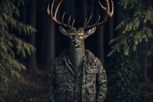 A deer head is wearing a camo jacket and standing in a forest. The image has a whimsical and playful mood, as it is not a realistic depiction of a deer but rather a creative