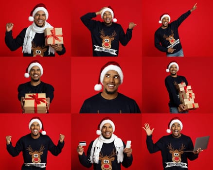 A cheerful young black man dressed in a festive sweater and Santa hat joyfully poses with various gifts against a bright red background. His expressions showcase excitement and holiday spirit.