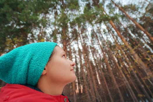 Winter setting, a child wearing a bright turquoise beanie stands in wonder, gazing up at the tall, majestic pine trees