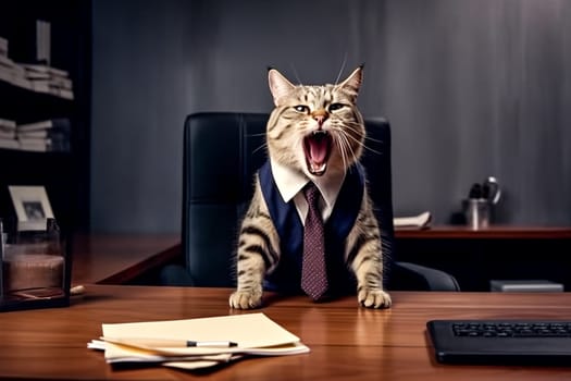 A cat in a suit and tie is sitting at a desk with papers and a laptop. The cat appears to be angry and is making a loud noise