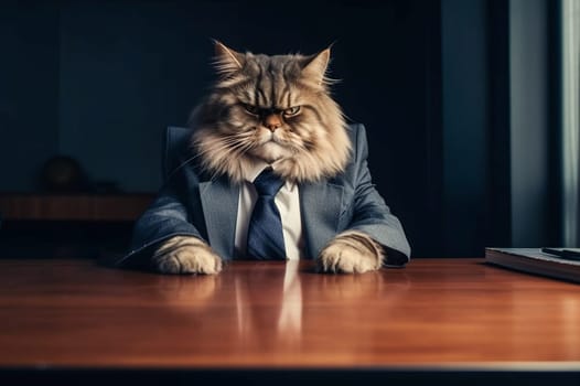 A cat is sitting at a desk wearing a suit and tie. The cat has a stern expression on its face, giving off an impression of authority