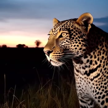 A leopard is standing in the grass, looking at the camera. The image has a moody and mysterious feel to it, as the leopard is the only visible subject. The setting is a field at dusk