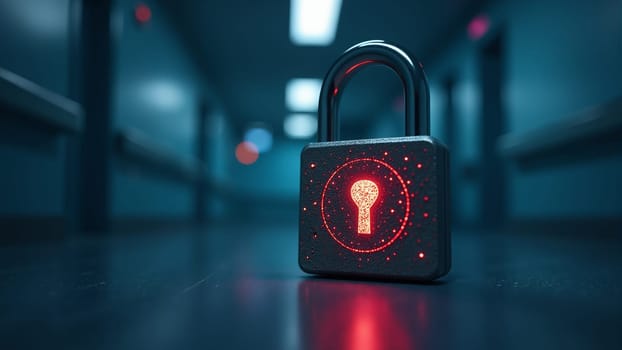 A solitary metal lock glows red in the darkness of a quiet interior space, with blurred lights in the background creating an atmosphere of intrigue and uncertainty.
