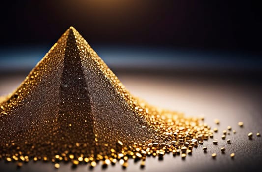 Background. A mountain of small particles of yellow gold, in the form of a pyramid on a dark background, is illuminated with light around it. On the right is space for text.