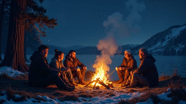 A group of friends enjoys a cozy evening by a campfire, sharing stories and laughter. The warm glow of the flames contrasts with the cool night air as they hold candles, surrounded by nature's beauty.