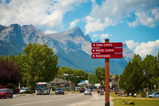 A tourist sign in the small town of Canmore in Banff National Park. Canmore, Canada - 08.03.2023