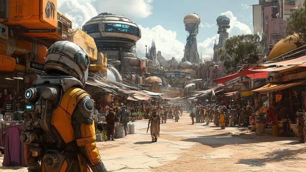 A traveler in a high-tech suit walks through a lively market filled with bright stalls and architecture, surrounded by crowds in a futuristic setting.