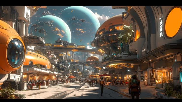In a vibrant futuristic city, people move through advanced architecture, while spacecraft float above. The sky is dominated by two large planets, creating a unique atmosphere.