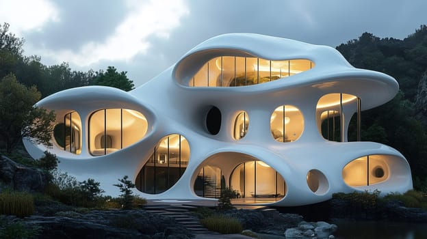 A striking modern structure with organic shapes glows warmly as dusk settles, surrounded by greenery and rocks, creating a stunning visual contrast.