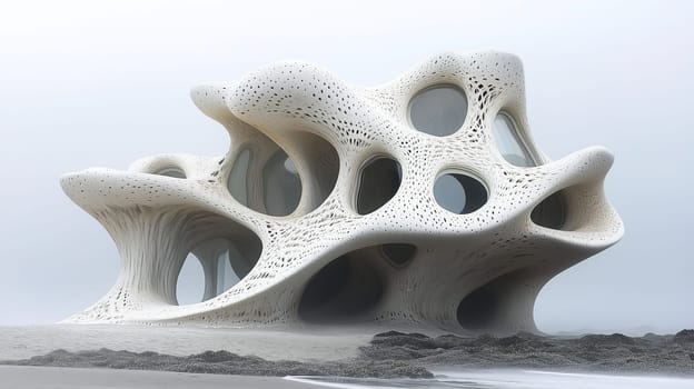 An unusual architectural creation stands on a tranquil beach, its organic shapes and hollow forms creating a surreal visual against the foggy backdrop. This design merges nature and innovation.