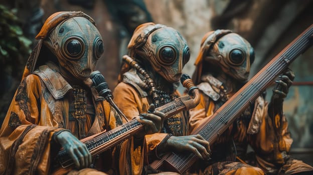 Three extraterrestrial musicians dressed in vibrant yellow robes play traditional instruments in a lively outdoor setting, celebrating culture and artistry during twilight.