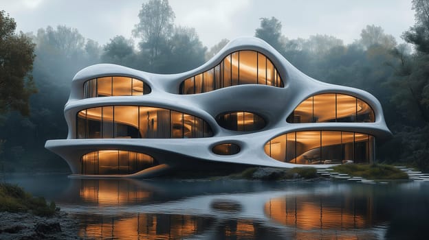 A stunning house with a unique organic shape stands by a calm lake, illuminated by warm lights. Surrounding trees enhance the tranquil evening atmosphere, reflecting on the water.