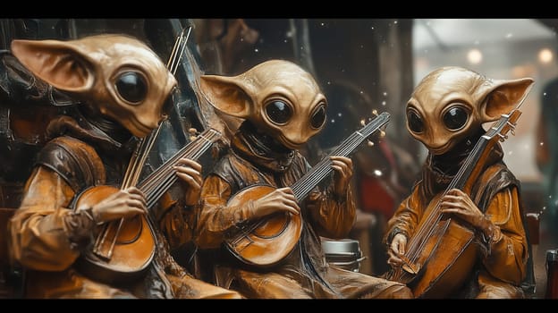 In a bustling marketplace, three charming creatures with large eyes and pointy ears are engaged in a joyful music session, playing various string instruments amid colorful stalls.