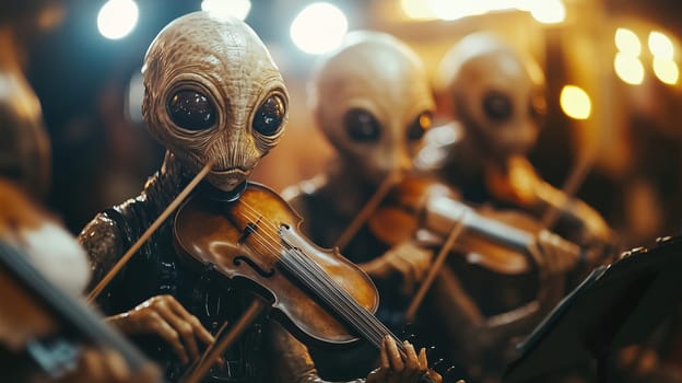 A group of aliens skillfully plays violins, creating enchanting melodies in a vibrant setting. Soft lights enhance the atmosphere of this unique musical event.