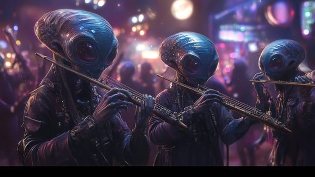 In a lively space bar, three alien musicians play flutes, entertaining a diverse crowd. Colorful lights illuminate the scene as patrons enjoy the cosmic atmosphere of the night.