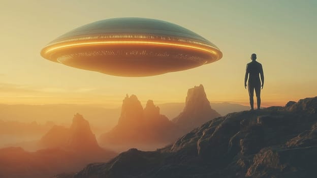 As the sun sets behind the rugged mountains, a solitary figure stands on a rocky ledge, captivated by a hovering UFO emitting a warm glow in the sky.
