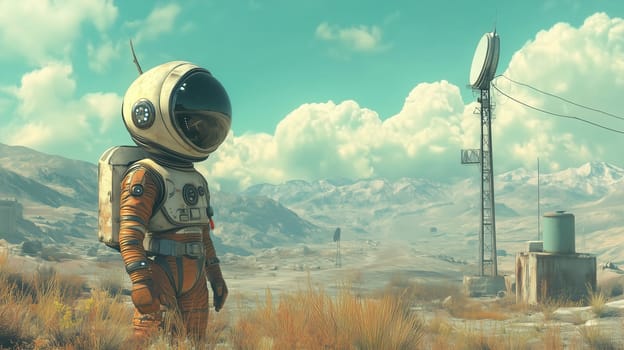 An astronaut stands alone in a barren terrain, surrounded by distant mountains and a radio tower. The sky is a vivid turquoise, creating a stark contrast with the landscape.