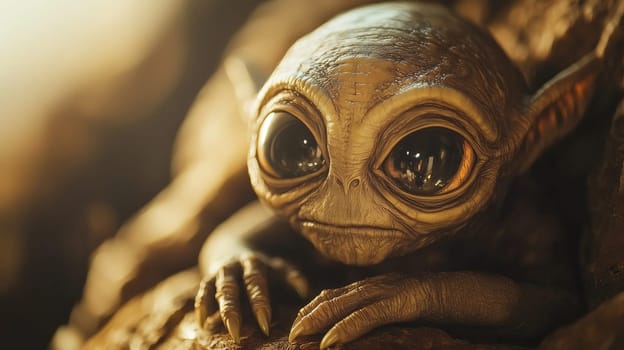 A small, enchanting alien creature with oversized, expressive eyes rests among textured rocks in a mystical forest. The warm light creates a magical atmosphere.