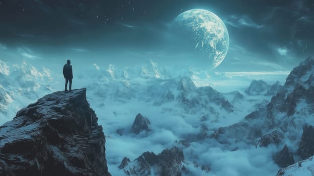 A person observes the expansive view from a rocky summit, surrounded by towering mountains and clouds, with a large, luminous moon illuminating the night sky.