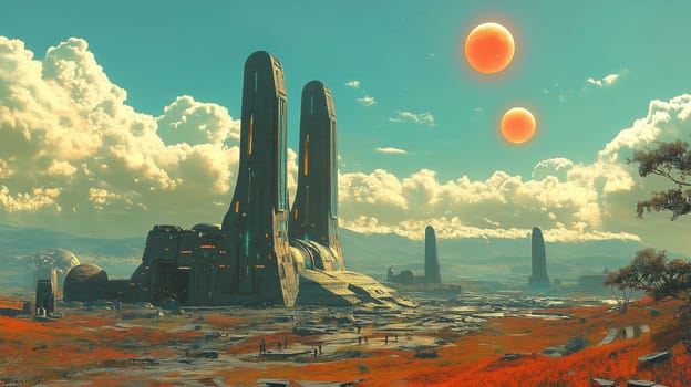 In a stunning landscape, two suns illuminate towering alien structures amidst a vibrant orange terrain under a cloud-filled sky, creating a surreal atmosphere.