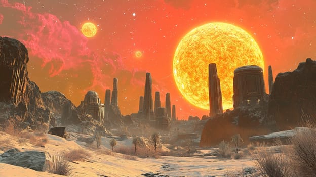 Purple and orange hues fill the sky as a giant sun casts light over a barren, rocky landscape. Towering formations rise in the foreground, creating an otherworldly setting at dusk.