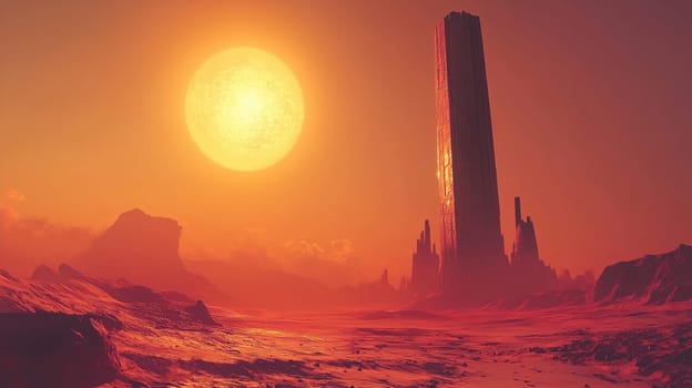 A colossal tower rises above a desolate landscape as a giant sun casts an orange glow across the horizon. The terrain is rugged and dry, enhancing the otherworldly atmosphere.