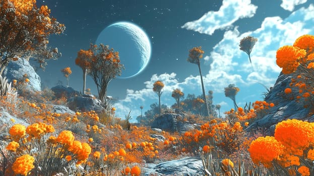 A breathtaking alien landscape showcases clusters of bright orange flowers, rocky terrain, and unique trees, all under a stunning blue sky with fluffy clouds and a massive moon.