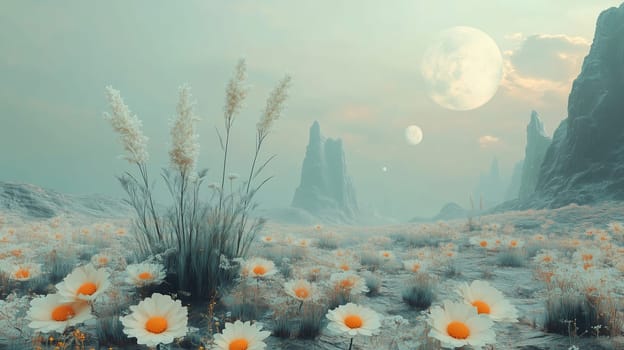 In a peaceful setting, white flowers with orange centers bloom across a landscape. Two large moons hover in a pastel sky above distant rocky formations, creating a surreal atmosphere.