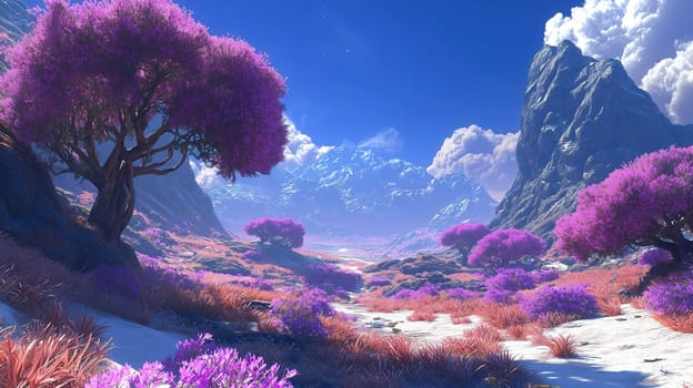 A stunning landscape showcases vibrant purple trees dotting a valley surrounded by majestic mountains. The bright blue sky enhances the beauty of this otherworldly setting.