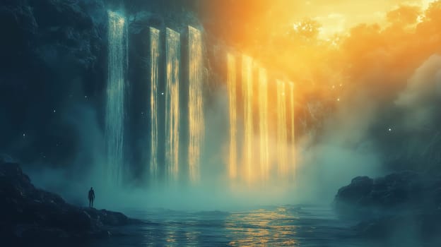 A person stands near a river as multiple waterfalls flow down rocky cliffs, creating a mystical atmosphere. The sun sets, casting golden light through the fog.