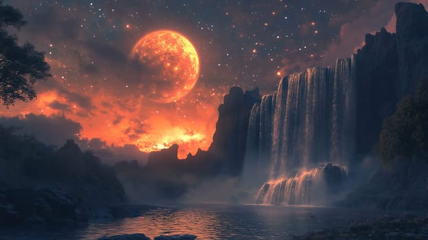 A breathtaking waterfall cascades into a serene pool as an orange moon illuminates the night sky filled with stars. The colors create a magical, tranquil atmosphere.