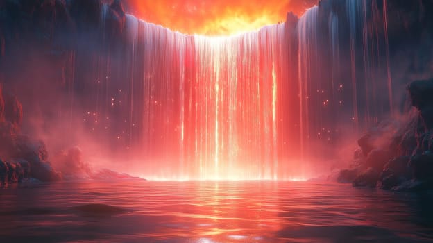 A stunning waterfall flows into a serene lake, emitting bright hues of red and orange at twilight. The surrounding rocks create a magical atmosphere, inviting wonder.