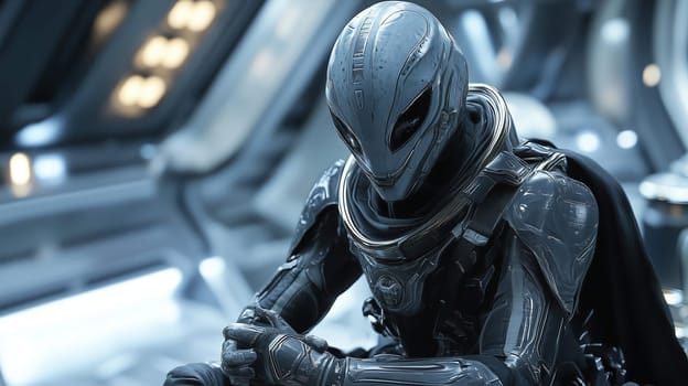 An alien character with a sleek, metallic appearance sits calmly in a high-tech spacecraft. The surroundings feature futuristic elements and bright lights, enhancing the enigmatic atmosphere.