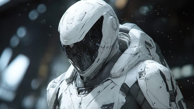 A lone astronaut in a sleek white suit stands ready for exploration on an alien landscape, surrounded by scattered debris and an otherworldly background, illuminated by the dawn.