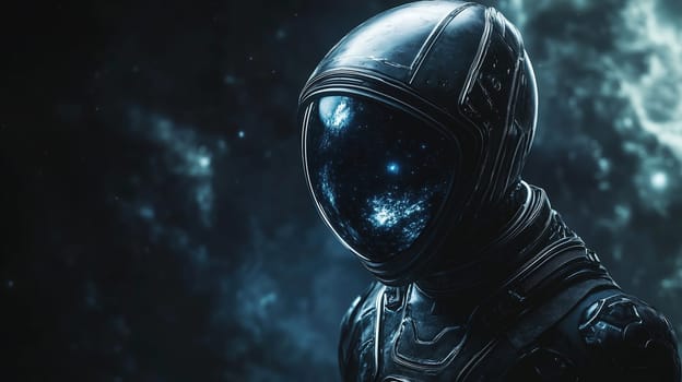An astronaut stands in the vastness of space, their helmet reflecting a mesmerizing view of stars and galaxies. The scene captures the mystery and wonder of cosmic exploration.